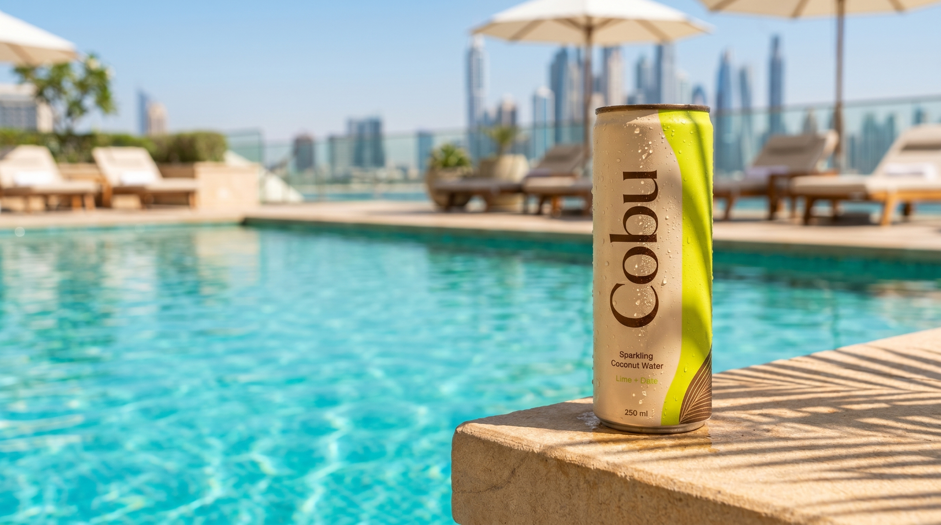 Cobu sparkling coconut water poolside in Dubai